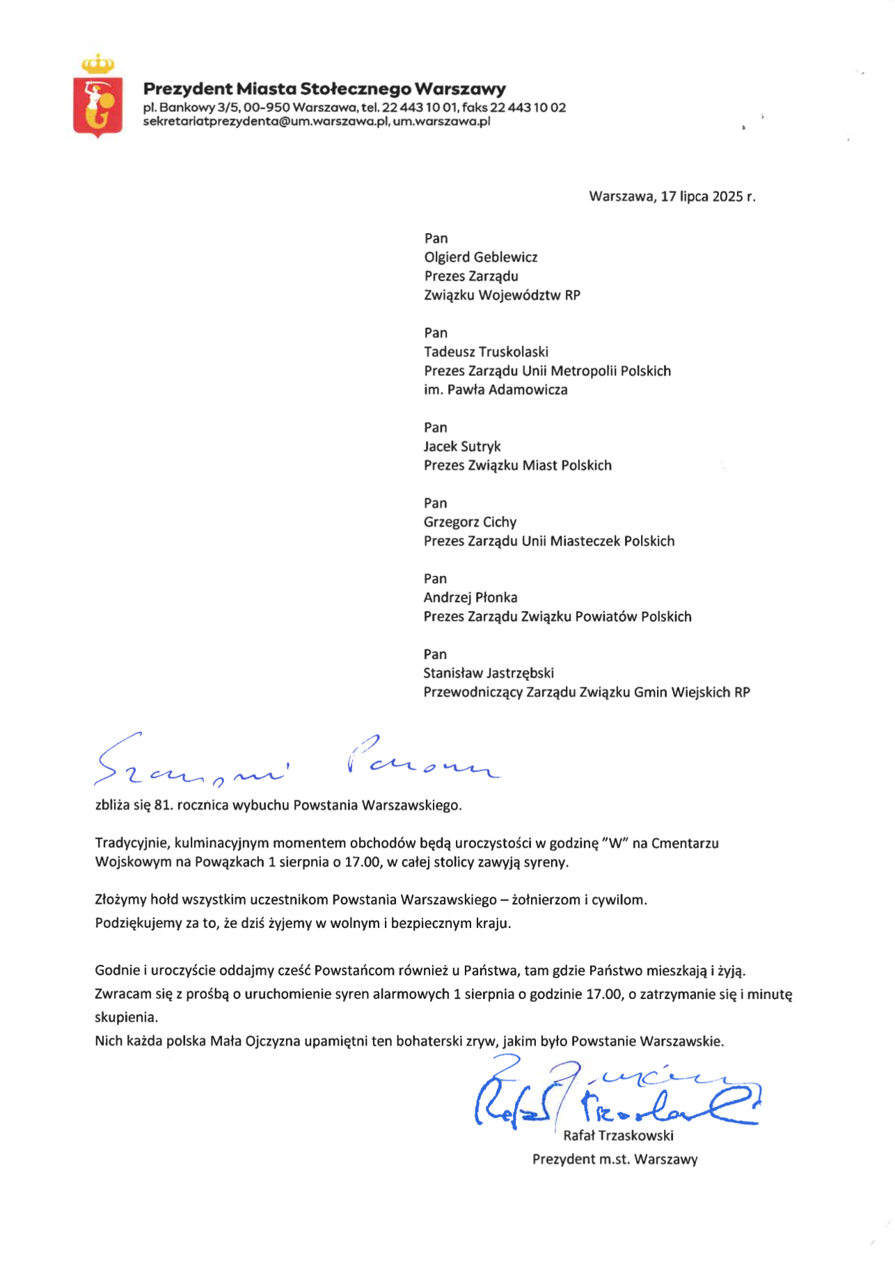 list Prezydenta Warszawy Rafała Trzaskowskiego