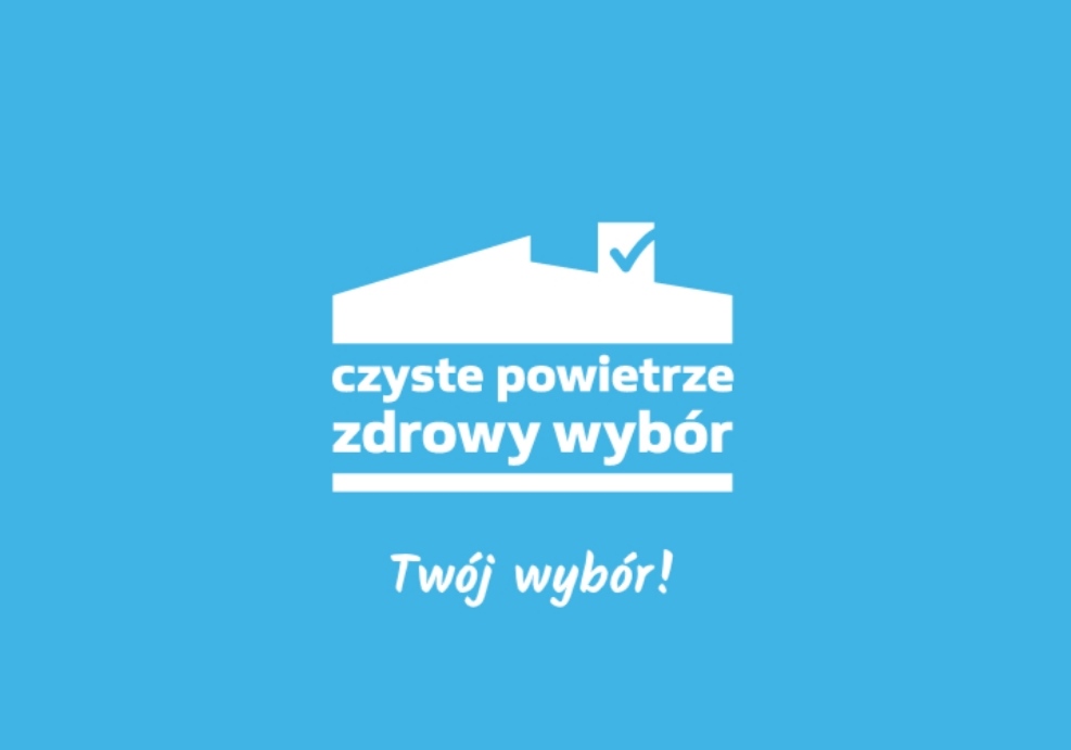 Logo Czyste Powietrze | Zdrowy Wybór, Twój Wybór! - białe na niebieskim tle